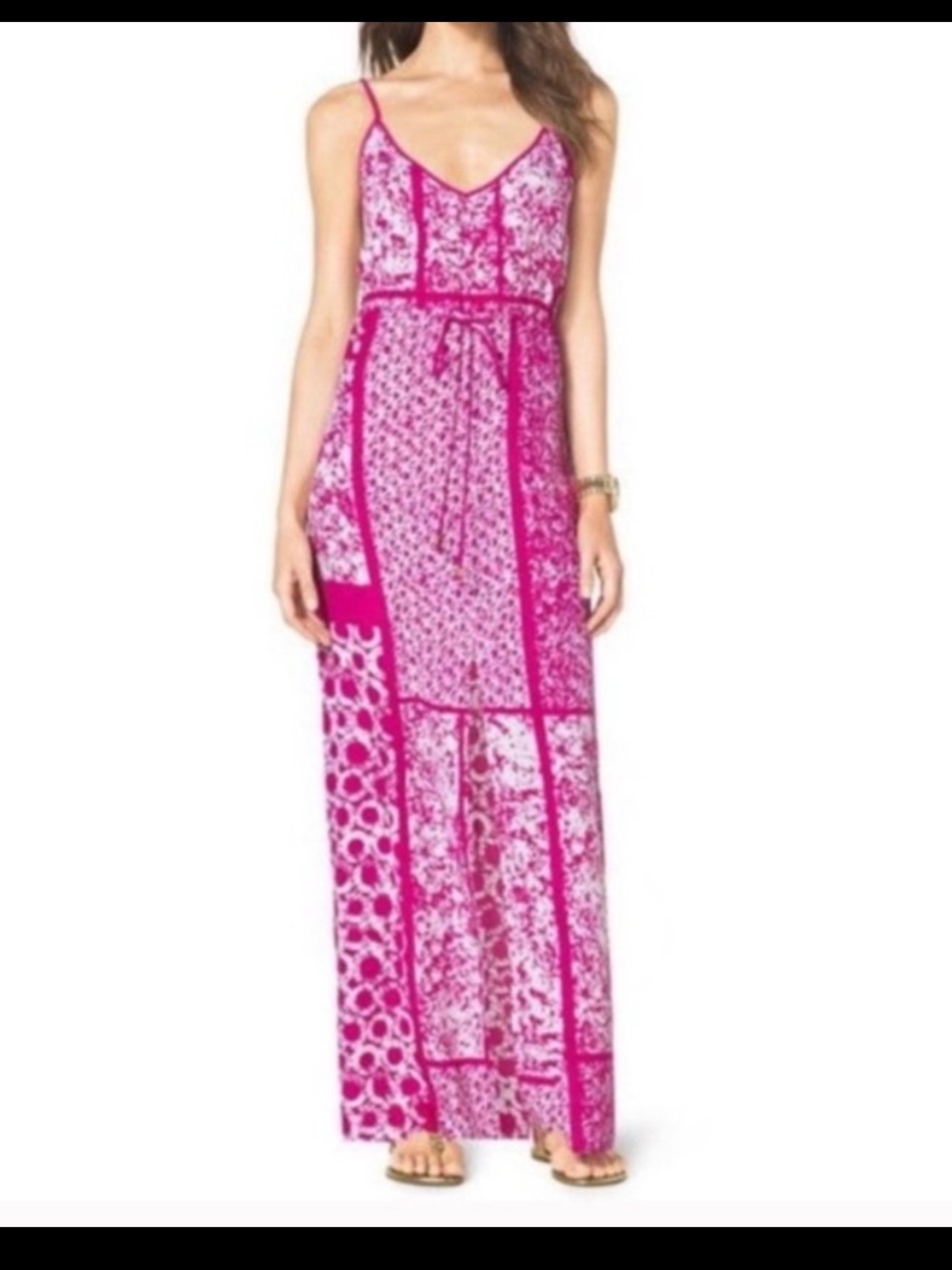 Michael Kors Pink Patchwork Maxi Dress W/Front Slit Size XS
